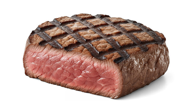 Buffalo steak cooked medium-rare with grill marks, studio shot, transparent