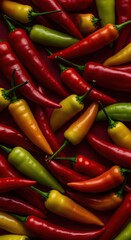 Vibrant collection of fresh, ripe chili peppers displaying various colors and heat levels for culinary use and spice ,still life ,raw ,texture