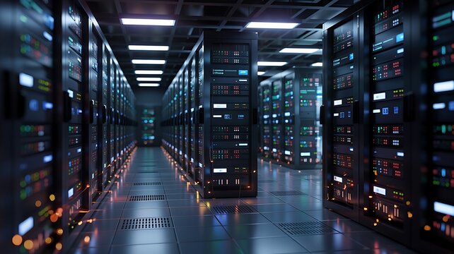 Rows of illuminated server racks in a dark data center with a long hallway and glowing lights creating a futuristic technological atmosphere