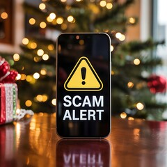 Smartphone displaying a prominent scam alert warning sign and text with a festive christmas tree and gift boxes in the background