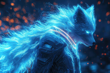 Powerful blue electric wolf creature in futuristic armor with glowing eyes and fur, set against a dark, bokeh-lit background.