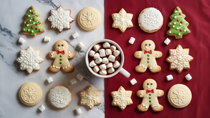 Festive christmas cookies and hot chocolate with marshmallows arranged on a split background of marble and red fabric for a holiday celebration
