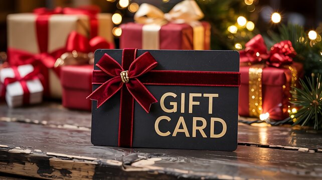 Festive dark gift card with a rich red velvet ribbon and bow sits on a rustic wooden surface surrounded by bokeh christmas presents and lights