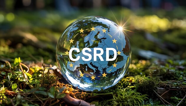 Sustainable business reporting concept with csrd text on a transparent globe reflecting european union stars and a natural forest background