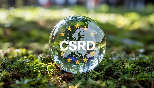 Transparent sphere reflecting the european union flag and csrd text symbolizing corporate sustainability reporting and environmental responsibility