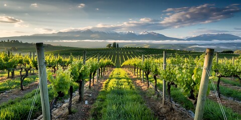 Golden sunrise illuminates rolling tuscan vineyard rows with misty mountains and soft clouds creating a breathtaking agricultural landscape