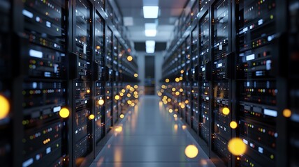 Illuminated server room aisle with glowing lights and futuristic technology representing data centers and digital infrastructure