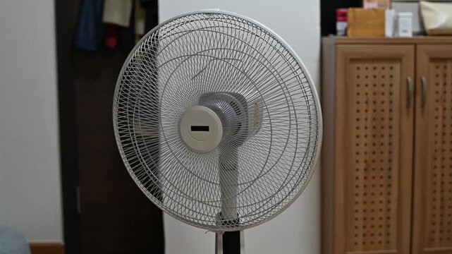 Electric standing fan oscillating, creating a rhythmic motor humming, mechanical clicking, and light air whistling sound.