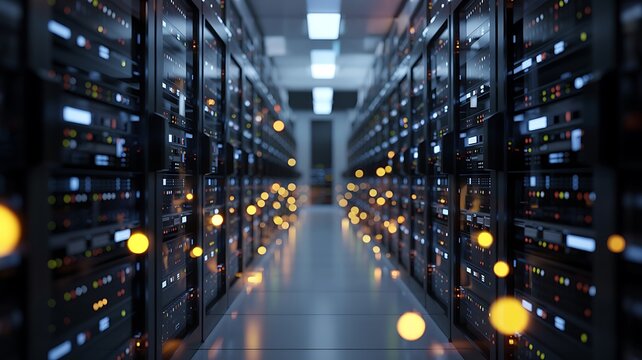 Illuminated server room aisle with glowing lights and futuristic technology representing data centers and digital infrastructure
