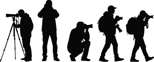 Silhouette photographers with cameras and tripod, capturing photos in different poses, outdoor photography activity, professional photo shooting concept illustration
