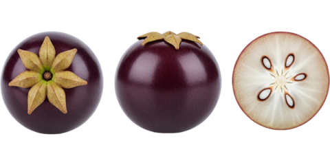 Exotic Star Apple Fruit Still Life Chrysophyllum cainito Cut In Half Whole Tropical Produce on transparent background