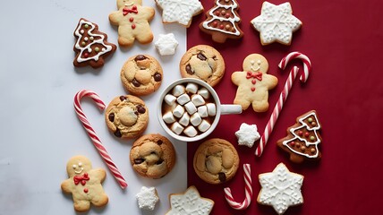Festive overhead flat lay of assorted christmas cookies gingerbread men candy canes and a mug of hot chocolate with marshmallows on a split background