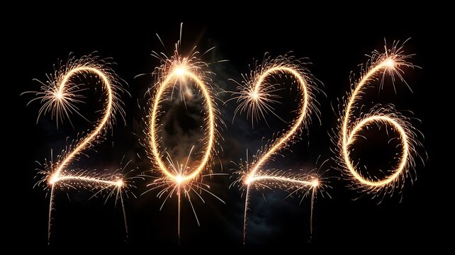Bright golden sparkler numbers 2026 illuminate the dark night sky creating a festive celebration of the upcoming new year