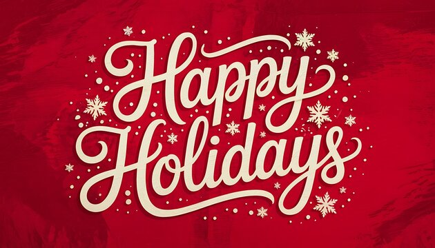 Elegant script calligraphy wishing happy holidays with snowflakes and festive sparkles on a rich red textured background - Powered by Adobe