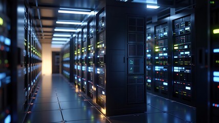 Illuminated server room aisle with glowing racks of computer hardware and data center technology creating a futuristic digital network environment