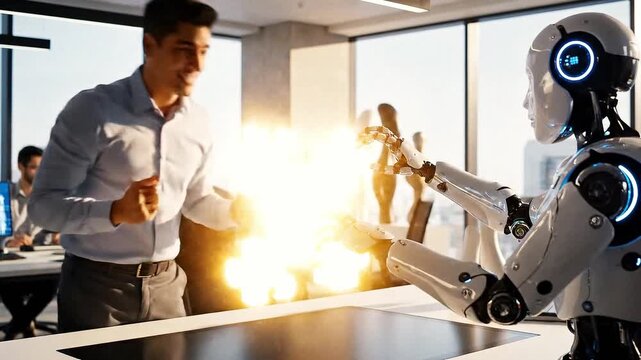 Humanoid robot and businessperson clash with energy burst in modern office, symbolizing tech-human interaction.