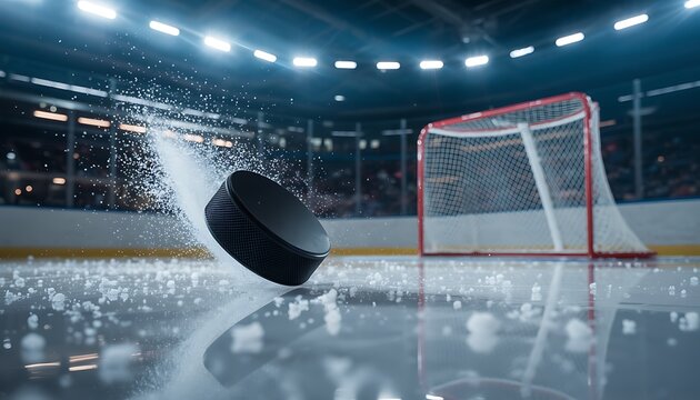 Dynamic action shot of a hockey puck skidding across a brightly lit ice rink towards a net with spectators in the background