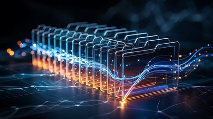 Abstract digital data stream flowing through a futuristic server rack with glowing blue and orange lights symbolizing technology and information transfer