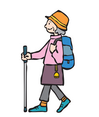 熊よけの鈴をつけて登山をする女性（シニア）