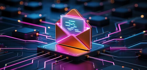 Digital communication concept with an illuminated email envelope icon emerging from a glowing circuit board with neon lights
