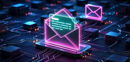 Futuristic digital glowing neon envelope icon symbolizing electronic mail communication on a circuit board background with abstract technology elements