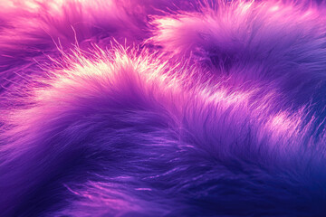 A close-up of vibrant, fluffy faux fur showcasing a beautiful gradient from bright pink to deep purple, creating a soft, textural background.