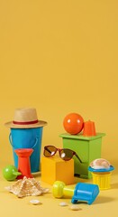 Vibrant collection of summer play items awaiting imaginative adventures under the warm sun, fostering creativity and seasonal fun ,carefree ,warm ,items