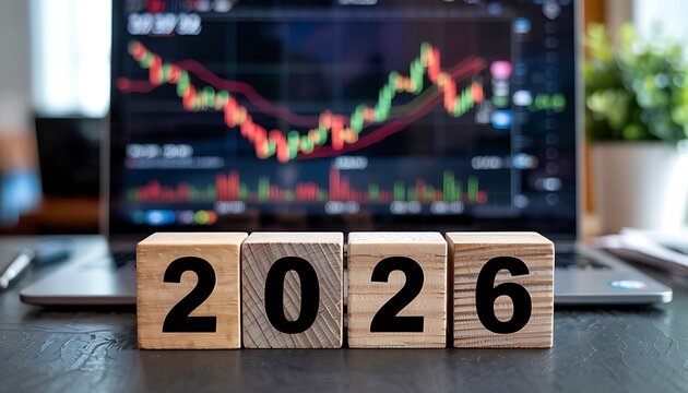 Wooden blocks displaying the year 2026 in front of a blurred laptop screen showing a stock market graph with a downward trend