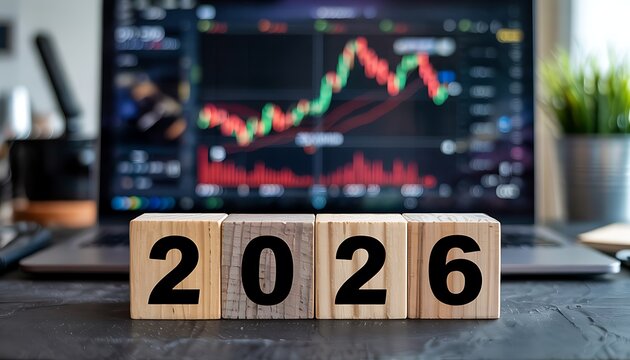 Wooden blocks spelling out the year 2026 stand in front of a laptop displaying a fluctuating stock market graph