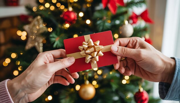 Close up of hands exchanging a small red gift box with a golden bow in front of a beautifully decorated christmas tree with warm glowing lights