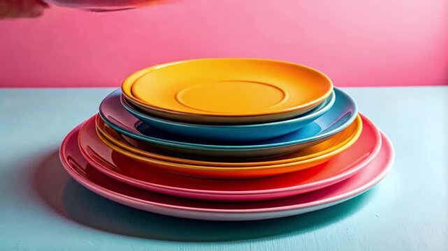 Stacked colorful plates against a vibrant background studio shot