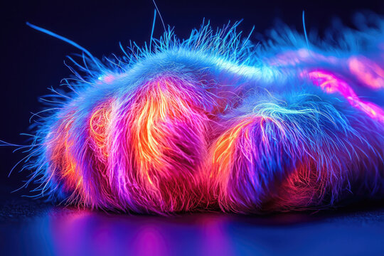 Close-up of a vibrant, fluffy, and abstract form glowing with neon blue, pink, and orange hues, resembling an alien paw or futuristic fur. - Powered by Adobe