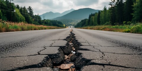 A dramatic asphalt road is severely cracked and broken open by an earthquake in a remote mountain landscape with lush green trees and a cloudy sky