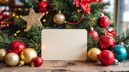 Festive christmas tree decorated with ornaments and lights surrounds a blank card for holiday greetings and messages