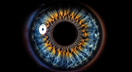 Detailed close-up of a vibrant human iris, showcasing intricate blue and golden patterns