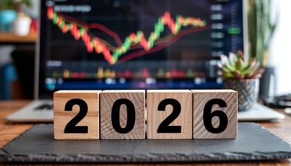 Wooden blocks displaying the year 2026 in front of a laptop with a stock market graph symbolizing financial growth and future investment opportunities