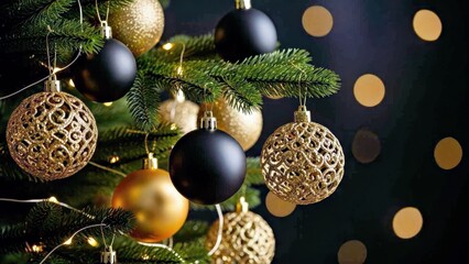 Christmas Tree Decorations in Black and Gold Ornaments Festive Holiday Background