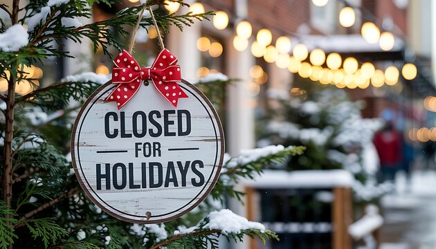 Charming oval sign declares business closed for holidays hanging on a snowy evergreen tree with festive bokeh lights in the background