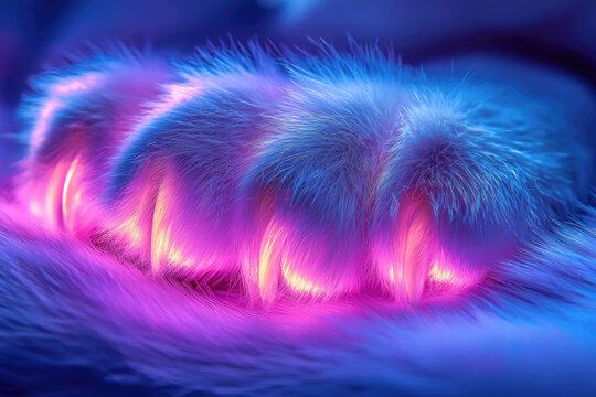 This image presents a stunning close-up of a fluffy, blue-toned paw with vibrant pink and yellow glowing claws, exuding a futuristic, neon aesthetic.