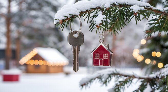 A single house key and a small red house ornament hang from a snow covered evergreen branch with a cozy illuminated cabin in the background