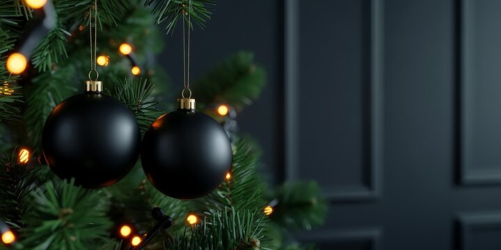 Elegant dark matte christmas tree ornaments with warm glowing fairy lights against a moody dark wall background
