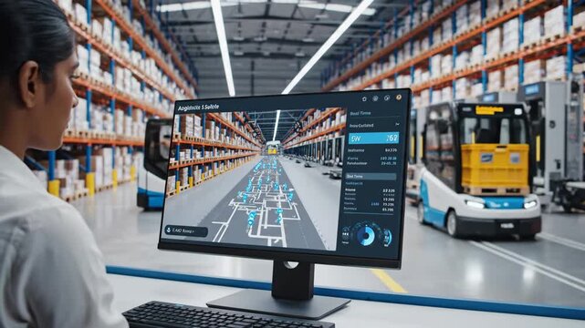 Modern Warehouse Logistics Management System - This video shows an advanced logistics software interface on a monitor displaying warehouse operations, with an operational AGV in the background.