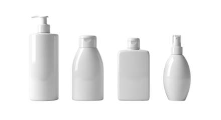 Four white cosmetic or toiletry bottles with different dispensers isolated on white background