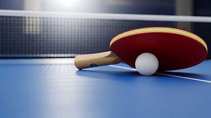 Close up of a red ping pong paddle and white ball resting on a blue table tennis court next to the net ready for a game