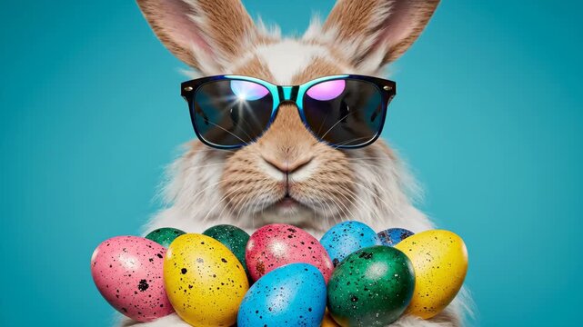 Cool Easter Bunny with Eggs - A fluffy Easter bunny rabbit wears sunglasses and holds a pile of colourful painted Easter eggs. The background is turquoise, perfect for adding text.