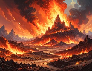 Inferno of Destruction: Apocalyptic Castle Ablaze with Fiery Cataclysm
