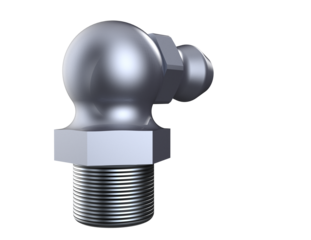 Machinery Lubrication Component: Detailed 90-Degree Zerk Fitting (Grease Nipple) in High-Resolution 3D Render, Silver Metal with Threaded Base, Isolated Technical Element on Transparent PNG Background