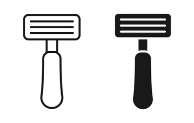 Razor icon set in outline and silhouette style, symbolizing shaving tools, grooming essentials, and personal care equipment, vector illustration.