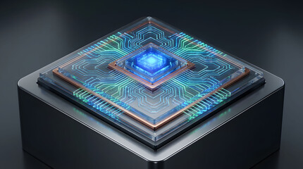 Futuristic representation of an advanced AI microchip with glowing digital circuits. Ideal for artificial intelligence, high-tech systems, computing innovation, and future hardware.