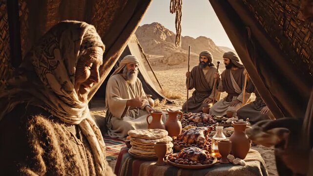 Ancient Desert Hospitality Scene - An elderly woman, possibly Sarah, watches from a tent as Abraham and other men share a meal with travelers, showcasing ancient desert hospitality.